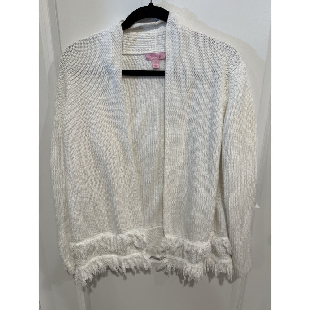 Lilly Pulitzer Knit Cotton Cardigan Sweater Womens Size Large White Fringe Open